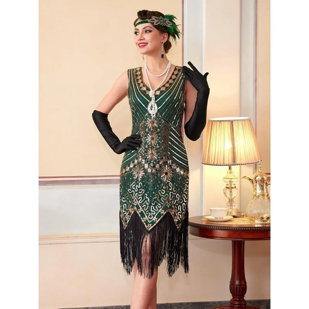 Women Flapper Dress 1920s Sequin Fringe Gatsby Costume Accessories Set - Picture 6 of 7